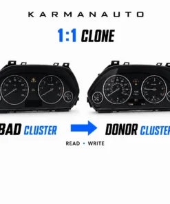 Two car instrument clusters displayed side by side to compare a bad cluster (left) and a donor cluster (right). READ • WRITE shown below.